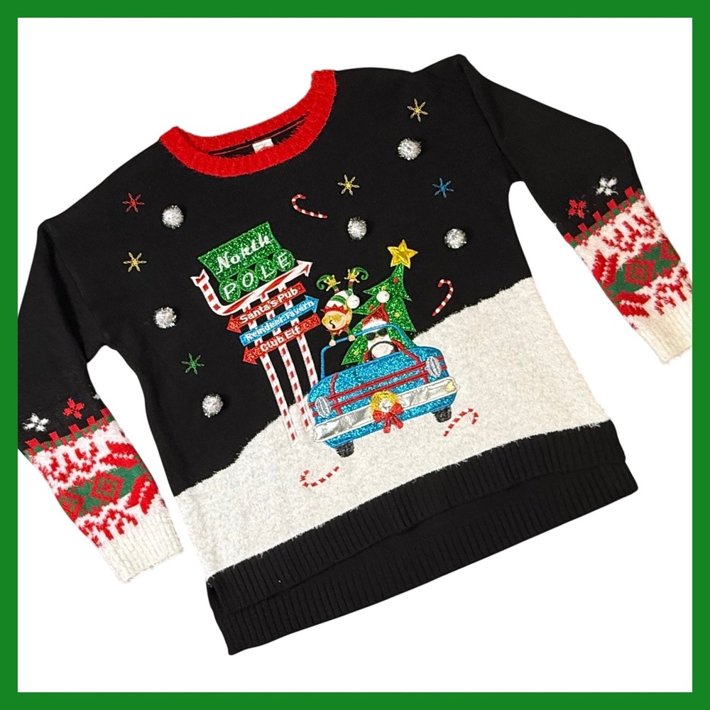 Holiday Time XL Ugly Christmas Sweater North Pole Santa's Pub‎ Car Novelty